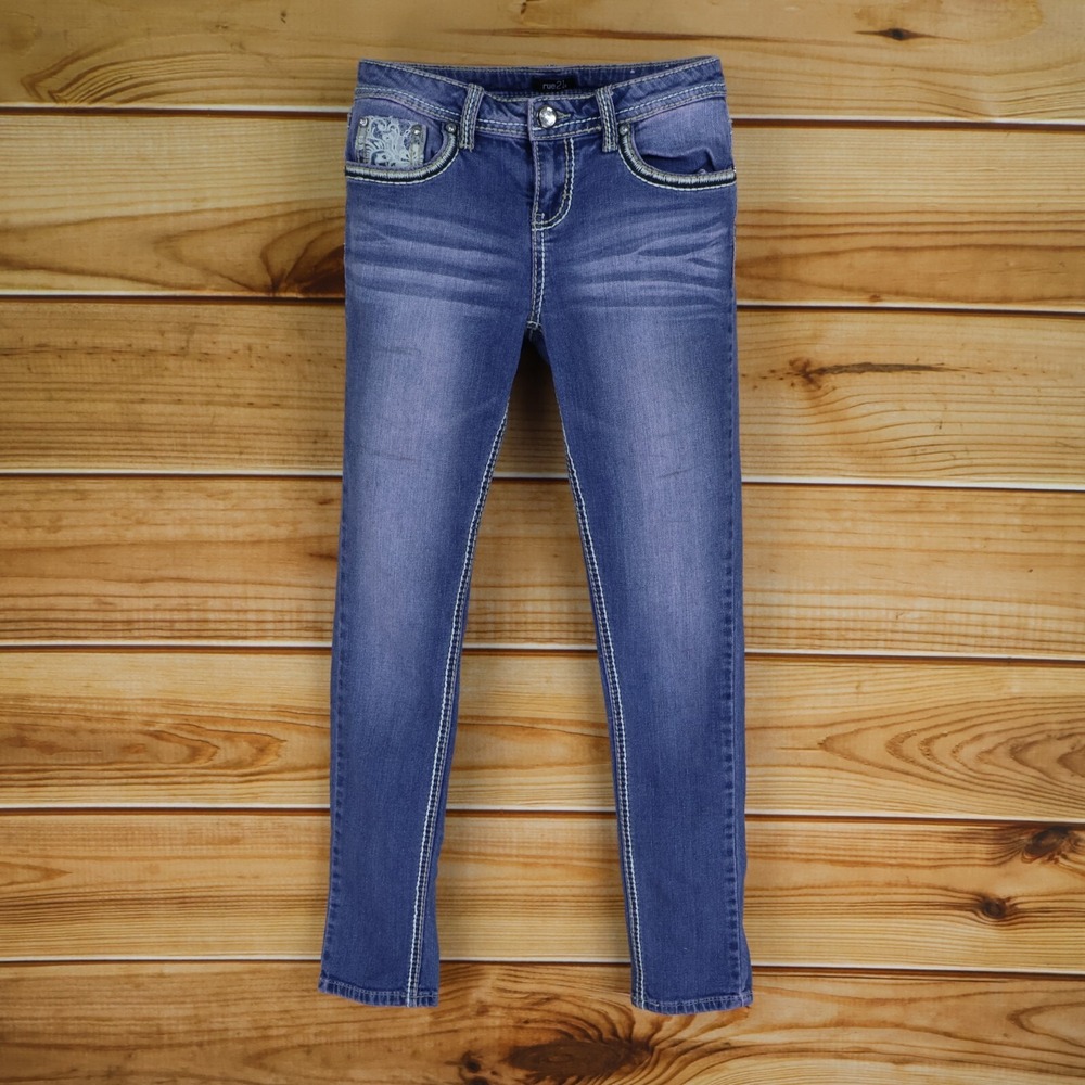 Rue 21 Skinny Jeans Juniors Size 1/2 Blue Medium Wash Denim Embroidered Pockets